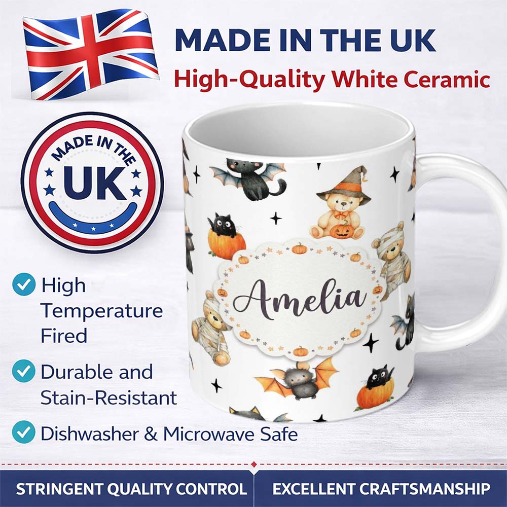 Personalized Custom Name Halloween Teddy Bear Witch Cat Bat Pumpkin Seamless Pattern Light 11oz Ceramic Coffee Tea Mug White Large Handle