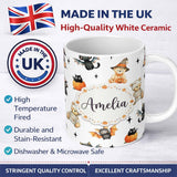 Personalized Custom Name Halloween Teddy Bear Witch Cat Bat Pumpkin Seamless Pattern Light 11oz Ceramic Coffee Tea Mug White Large Handle