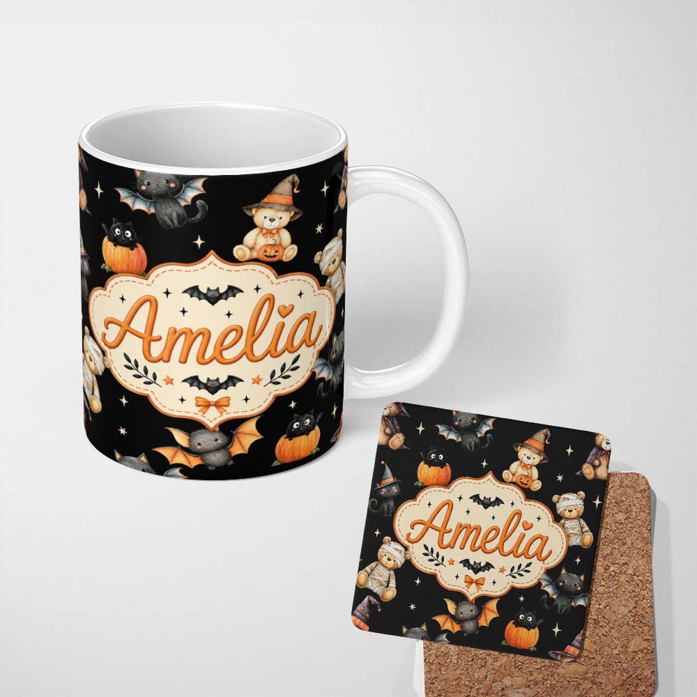 Personalized Custom Name Halloween Teddy Bear Witch Cat Bat Pumpkin Seamless Pattern Light 11oz Ceramic Coffee Tea Mug White Large Handle