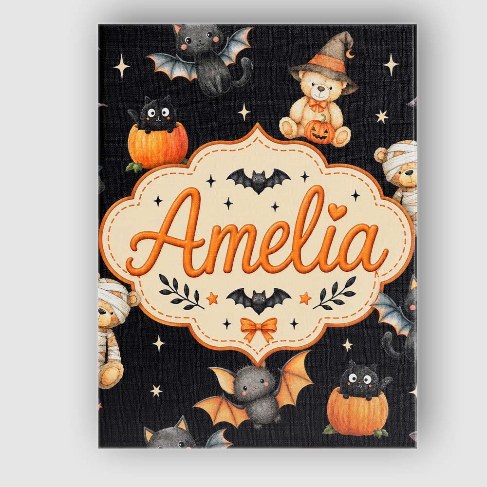 Personalised Name Halloween Teddy Bear Custom  Modern Room Accent Elegant Feature Canvas Wall Art Print Decor Picture Ready to Hang
