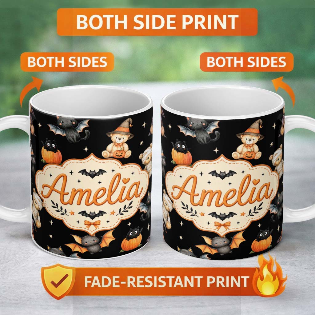 Personalized Custom Name Halloween Teddy Bear Witch Cat Bat Pumpkin Seamless Pattern Light 11oz Ceramic Coffee Tea Mug White Large Handle