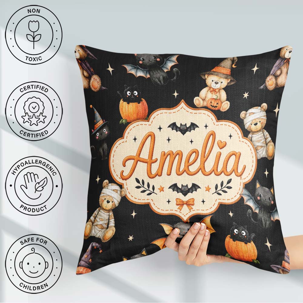 Custom Name Halloween Teddy Witch Cat Bat Pumpkin Seamless Light Square Filled Cushion Throw Pillow Sofa Bed Home Decor Zip Washable UK Made