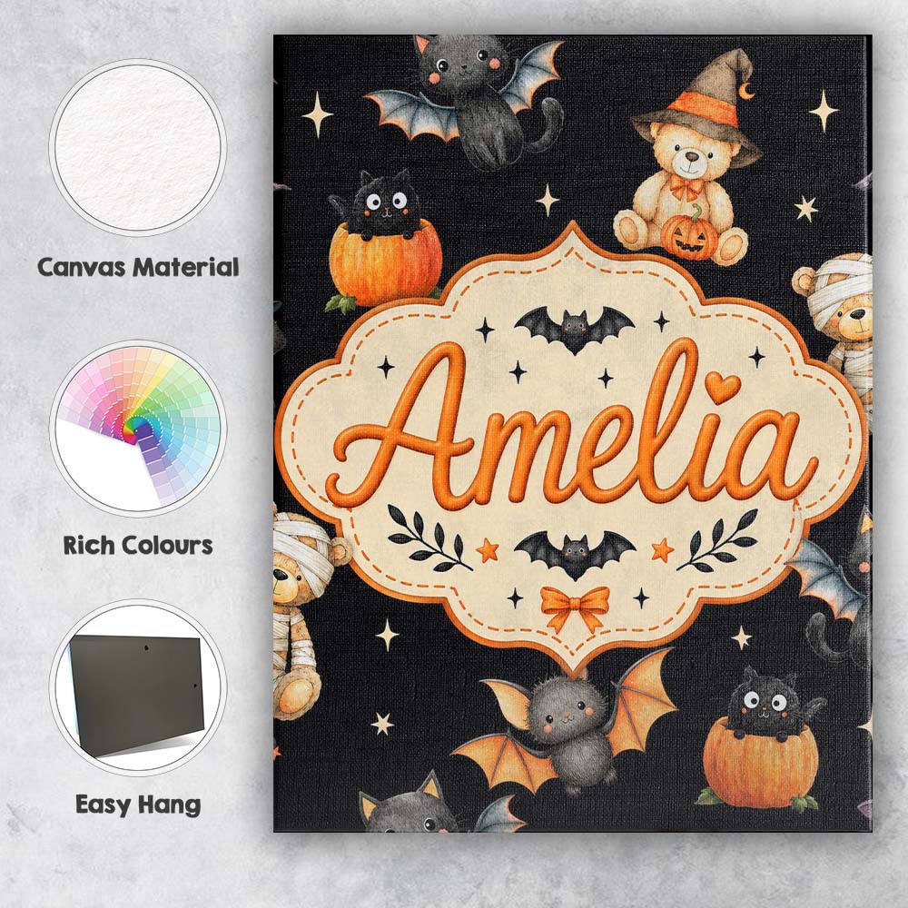 Personalised Name Halloween Teddy Bear Custom  Modern Room Accent Elegant Feature Canvas Wall Art Print Decor Picture Ready to Hang