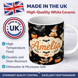 Personalized Custom Name Halloween Teddy Bear Witch Cat Bat Pumpkin Seamless Pattern Light 11oz Ceramic Coffee Tea Mug White Large Handle