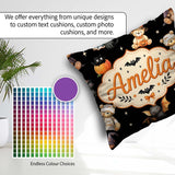 Custom Name Halloween Teddy Witch Cat Bat Pumpkin Seamless Light Square Filled Cushion Throw Pillow Sofa Bed Home Decor Zip Washable UK Made