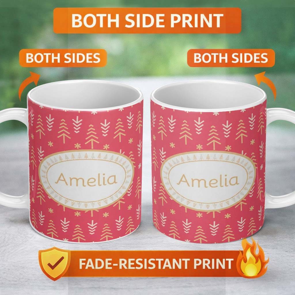 Personalized Custom Name Minimalist Christmas Tree Arrow Pattern Red Gold Festive Seamless 11oz Ceramic Coffee Tea Mug White Large Handle
