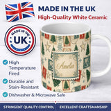Personalized Custom Name Vintage Christmas Postcards Stamps and Winter Scenes Seamless Lovely 11oz Ceramic Coffee Tea Mug White Large Handle