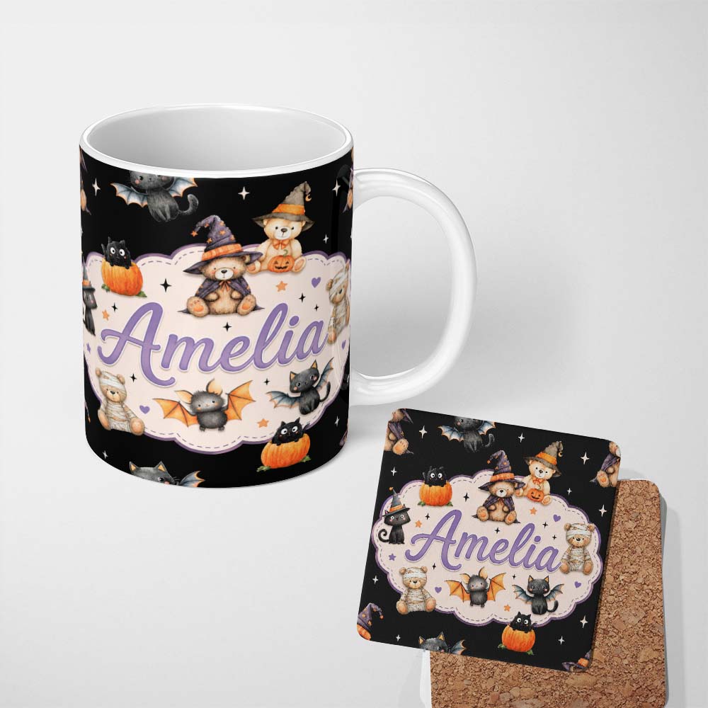 Personalized Custom Name Halloween Teddy Bear Witch Cat Bat Pumpkin Seamless Pattern White 11oz Ceramic Coffee Tea Mug White Large Handle