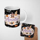 Personalized Custom Name Halloween Teddy Bear Witch Cat Bat Pumpkin Seamless Pattern White 11oz Ceramic Coffee Tea Mug White Large Handle