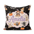 Custom Name Halloween Teddy Witch Cat Bat Pumpkin Seamless White Square Filled Cushion Throw Pillow Sofa Bed Home Decor Zip Washable UK Made