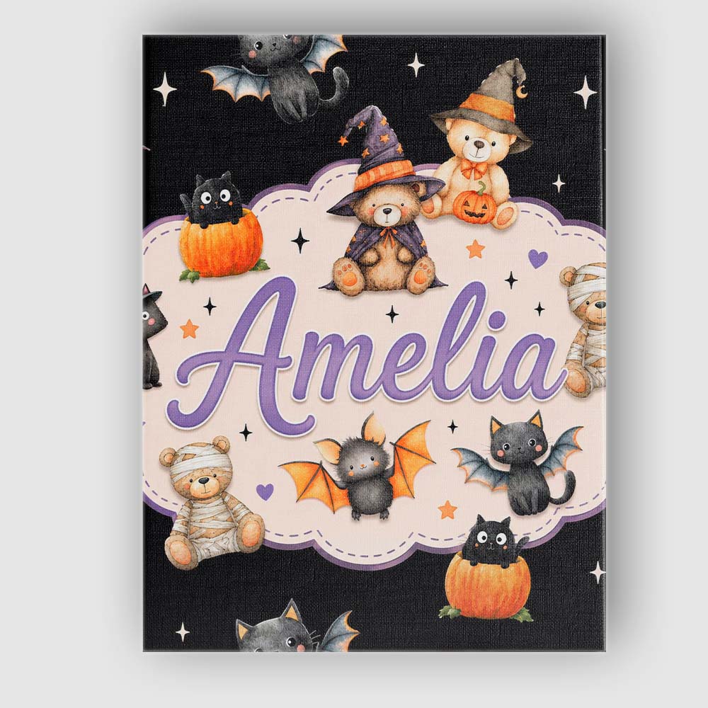 Personalised Name Halloween Teddy Bear Custom  Modern Room Accent Elegant Feature Canvas Wall Art Print Decor Picture Ready to Hang