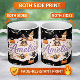 Personalized Custom Name Halloween Teddy Bear Witch Cat Bat Pumpkin Seamless Pattern White 11oz Ceramic Coffee Tea Mug White Large Handle