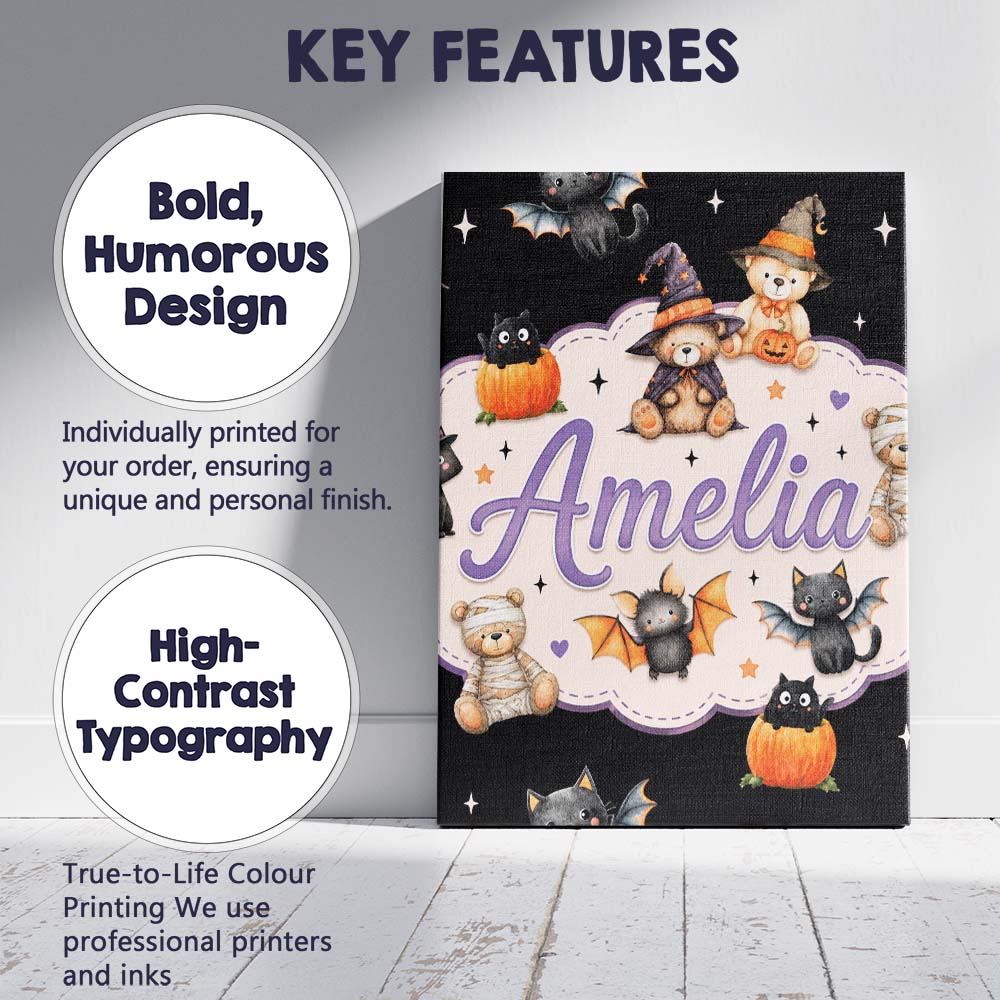 Personalised Name Halloween Teddy Bear Custom  Modern Room Accent Elegant Feature Canvas Wall Art Print Decor Picture Ready to Hang
