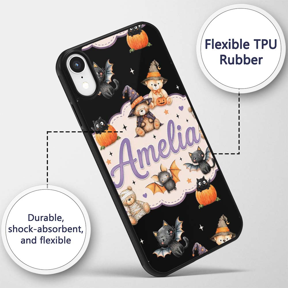 Halloween Teddy Bear Witch Cat Bat Printed Design Custom Name Protective Phone Case Mobile Cover Durable Everyday Smartphone Shock Resistant