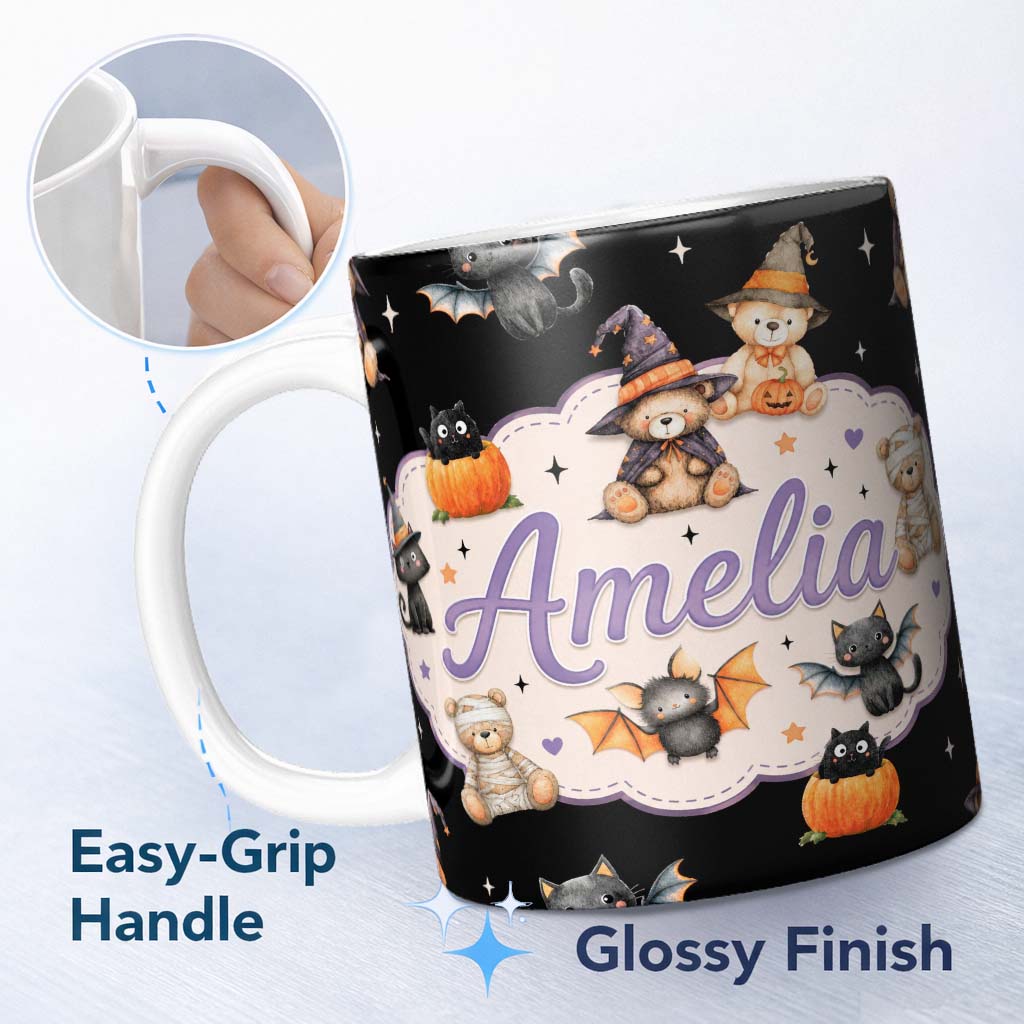 Personalized Custom Name Halloween Teddy Bear Witch Cat Bat Pumpkin Seamless Pattern White 11oz Ceramic Coffee Tea Mug White Large Handle