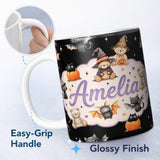 Personalized Custom Name Halloween Teddy Bear Witch Cat Bat Pumpkin Seamless Pattern White 11oz Ceramic Coffee Tea Mug White Large Handle