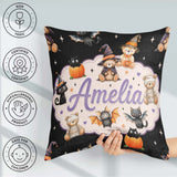 Custom Name Halloween Teddy Witch Cat Bat Pumpkin Seamless White Square Filled Cushion Throw Pillow Sofa Bed Home Decor Zip Washable UK Made