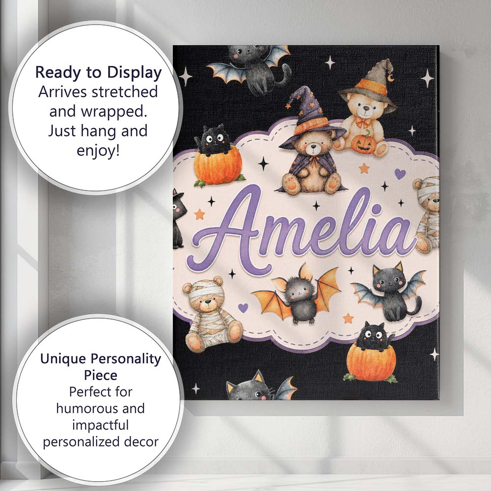 Personalised Name Halloween Teddy Bear Custom  Modern Room Accent Elegant Feature Canvas Wall Art Print Decor Picture Ready to Hang