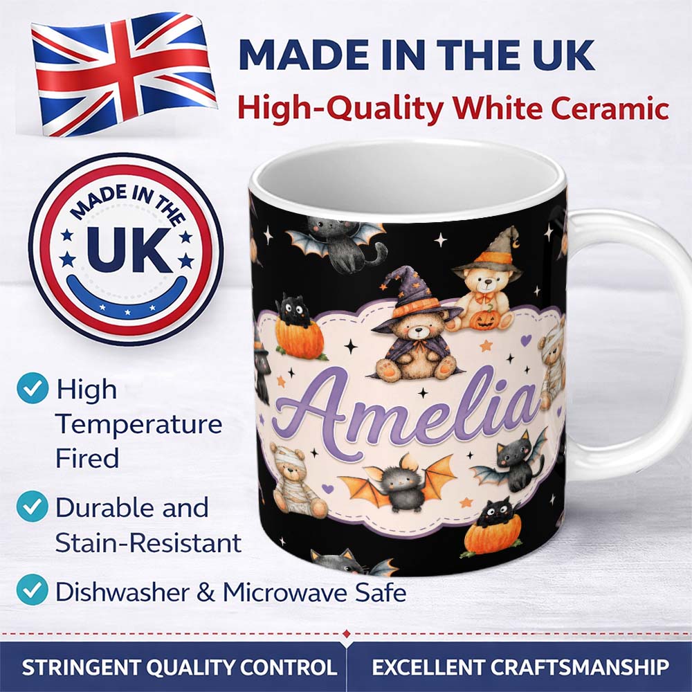 Personalized Custom Name Halloween Teddy Bear Witch Cat Bat Pumpkin Seamless Pattern White 11oz Ceramic Coffee Tea Mug White Large Handle