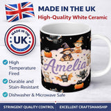 Personalized Custom Name Halloween Teddy Bear Witch Cat Bat Pumpkin Seamless Pattern White 11oz Ceramic Coffee Tea Mug White Large Handle