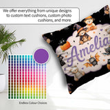 Custom Name Halloween Teddy Witch Cat Bat Pumpkin Seamless White Square Filled Cushion Throw Pillow Sofa Bed Home Decor Zip Washable UK Made