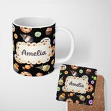 Personalized Custom Name Halloween Donuts Cupcakes Candy Bat Ghost Seamless Pattern White 11oz Ceramic Coffee Tea Mug White Large Handle