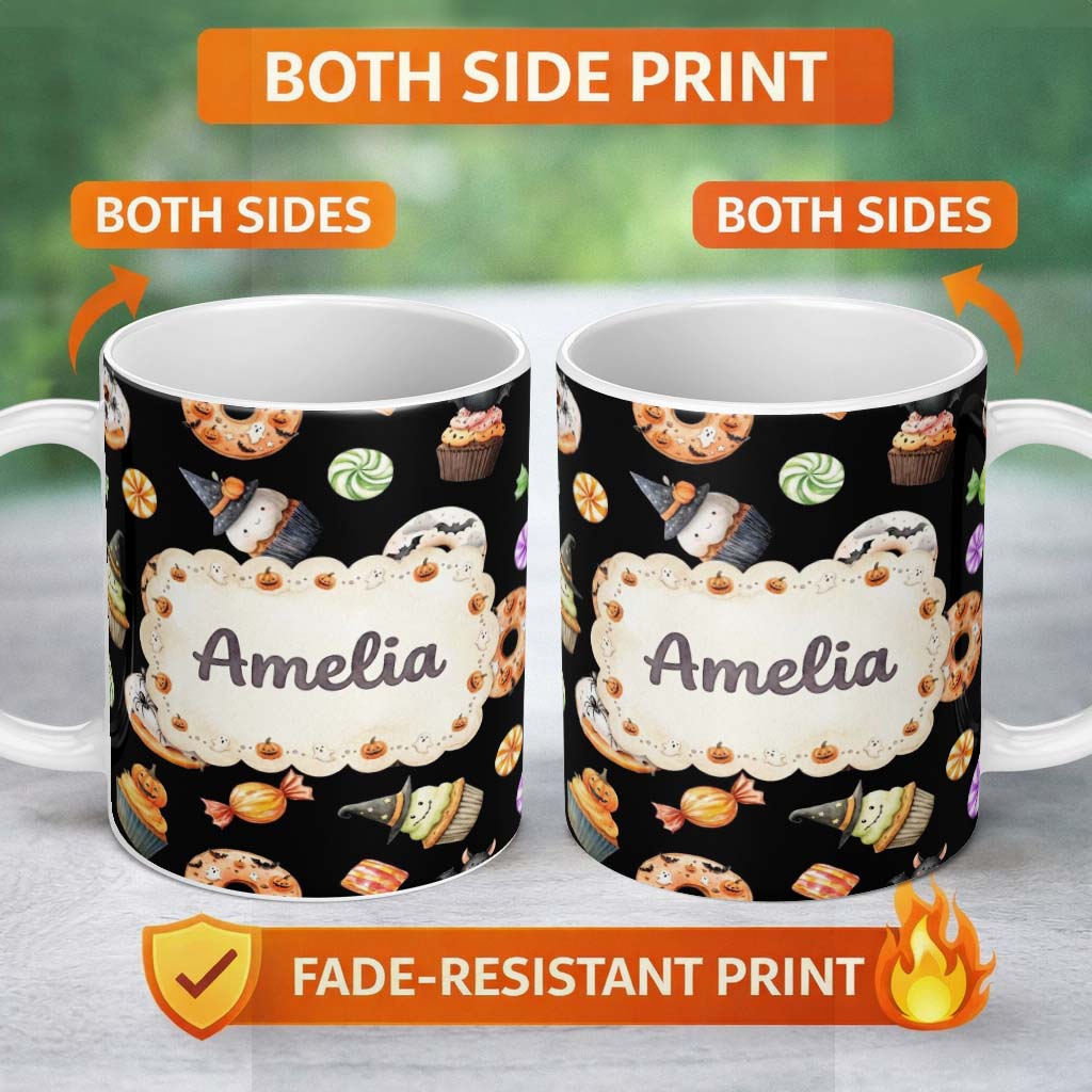 Personalized Custom Name Halloween Donuts Cupcakes Candy Bat Ghost Seamless Pattern White 11oz Ceramic Coffee Tea Mug White Large Handle
