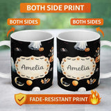 Personalized Custom Name Halloween Vampire Ghost Bat Pumpkin Character Seamless Pattern 11oz Ceramic Coffee Tea Mug White Large Handle