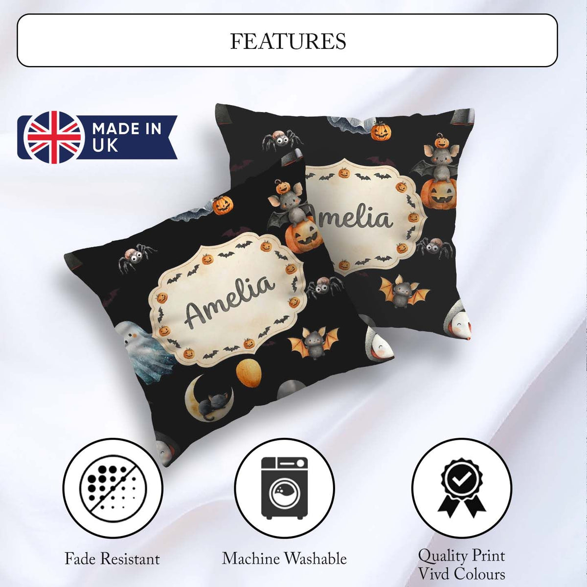 Custom Name Halloween Vampire Ghost Bat Pumpkin Seamless Pattern Square Filled Cushion Throw Pillow Sofa Bed Home Decor Zip Washable UK Made