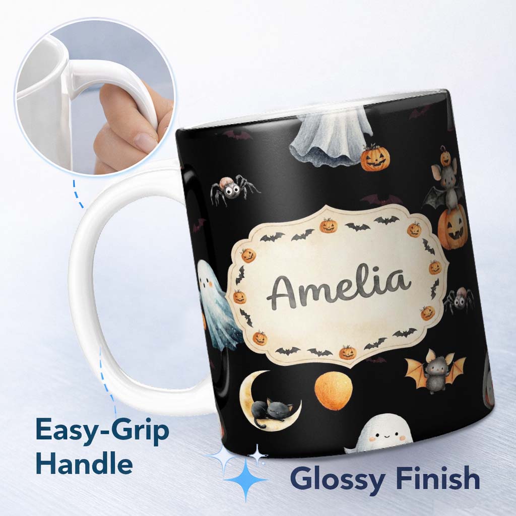 Personalized Custom Name Halloween Vampire Ghost Bat Pumpkin Character Seamless Pattern 11oz Ceramic Coffee Tea Mug White Large Handle