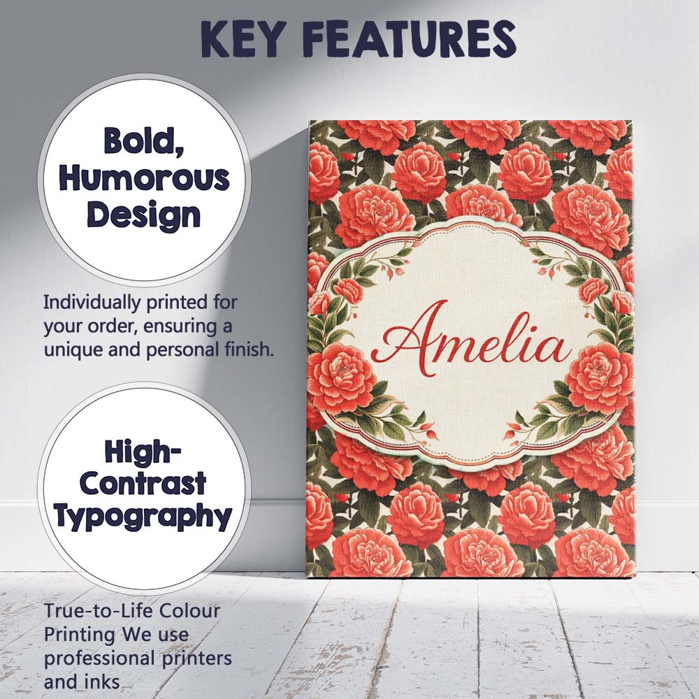 Personalised Name Blush Pink Peony Floral Seamless Pattern Perfect Custom  Unique Canvas Wall Art Print Decor Picture Ready to Hang