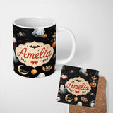 Personalized Custom Name Halloween Witch Girl Cat Moon Stars Pumpkin Seamless Pattern White 11oz Ceramic Coffee Tea Mug White Large Handle
