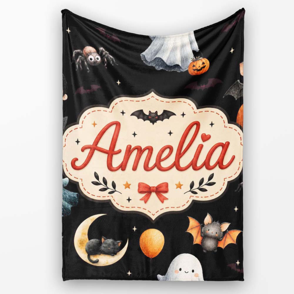 Halloween Witch Girl Cat Moon Stars Pumpkin Seamless Pattern White  Personalised Custom Name Super Soft Fleece Blanket Bed Sofa Throw