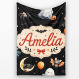 Halloween Witch Girl Cat Moon Stars Pumpkin Seamless Pattern White  Personalised Custom Name Super Soft Fleece Blanket Bed Sofa Throw