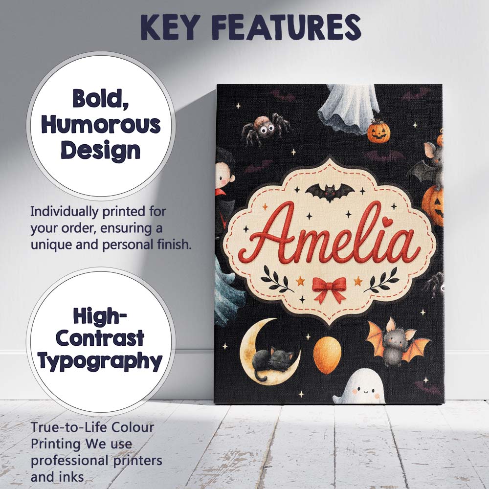 Personalised Name Halloween Witch Girl Cat Custom  Unique Gift Idea Elegant Feature Canvas Wall Art Print Decor Picture Ready to Hang