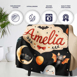 Halloween Witch Girl Cat Moon Stars Pumpkin Seamless Pattern White  Personalised Custom Name Super Soft Fleece Blanket Bed Sofa Throw
