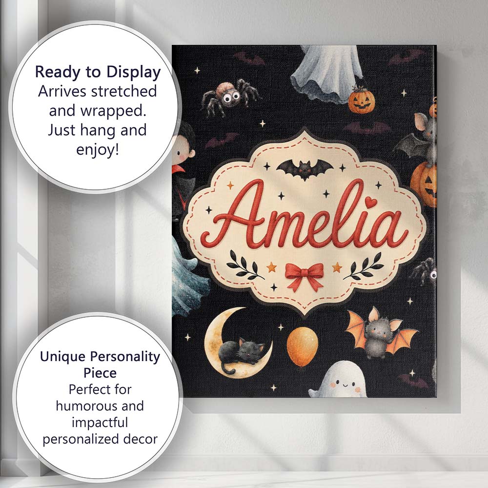 Personalised Name Halloween Witch Girl Cat Custom  Unique Gift Idea Elegant Feature Canvas Wall Art Print Decor Picture Ready to Hang
