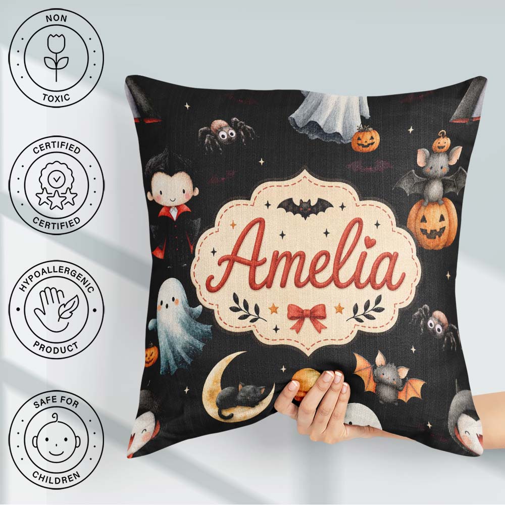Custom Name Halloween Witch Girl Cat Moon Stars Pumpkin Seamless Square Filled Cushion Throw Pillow Sofa Bed Home Decor Zip Washable UK Made