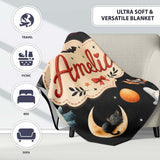 Halloween Witch Girl Cat Moon Stars Pumpkin Seamless Pattern White  Personalised Custom Name Super Soft Fleece Blanket Bed Sofa Throw