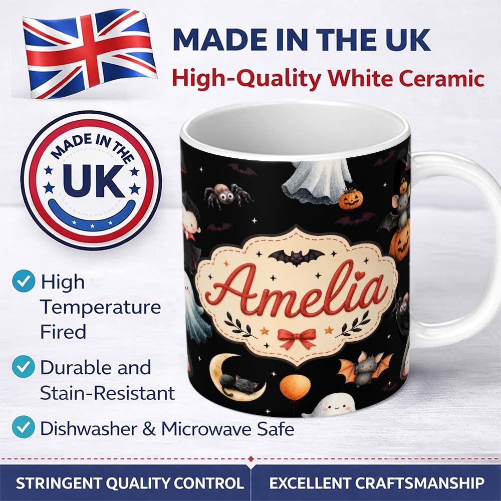 Personalized Custom Name Halloween Witch Girl Cat Moon Stars Pumpkin Seamless Pattern White 11oz Ceramic Coffee Tea Mug White Large Handle