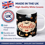 Personalized Custom Name Halloween Witch Girl Cat Moon Stars Pumpkin Seamless Pattern White 11oz Ceramic Coffee Tea Mug White Large Handle