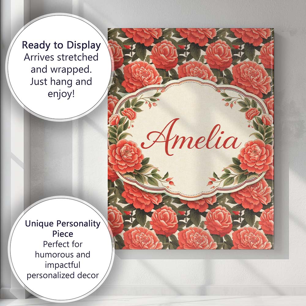 Personalised Name Blush Pink Peony Floral Seamless Pattern Perfect Custom  Unique Canvas Wall Art Print Decor Picture Ready to Hang