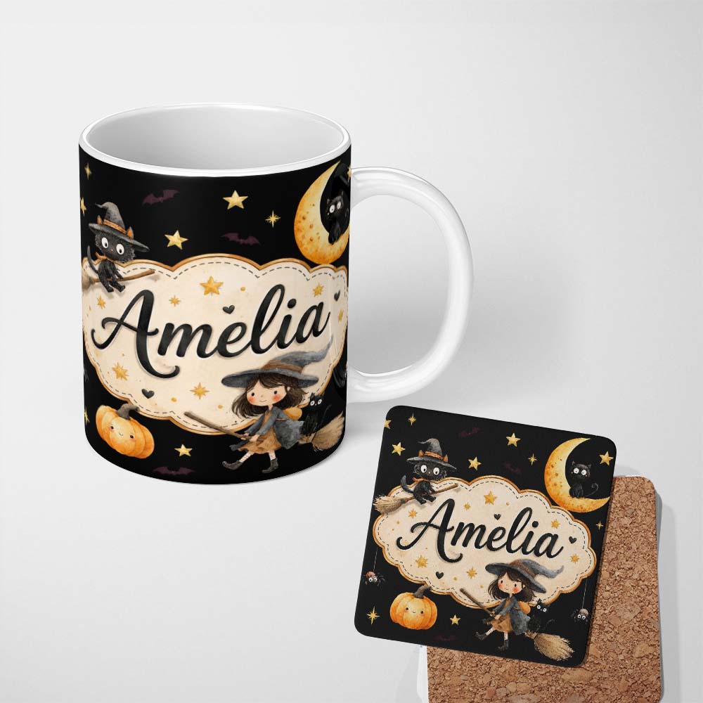 Personalized Custom Name Cute Halloween Witch Cat Moon Stars Pumpkin Seamless Pattern White 11oz Ceramic Coffee Tea Mug White Large Handle