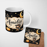 Personalized Custom Name Cute Halloween Witch Cat Moon Stars Pumpkin Seamless Pattern White 11oz Ceramic Coffee Tea Mug White Large Handle