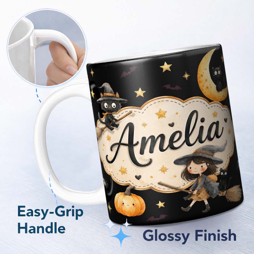 Personalized Custom Name Cute Halloween Witch Cat Moon Stars Pumpkin Seamless Pattern White 11oz Ceramic Coffee Tea Mug White Large Handle