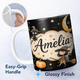 Personalized Custom Name Cute Halloween Witch Cat Moon Stars Pumpkin Seamless Pattern White 11oz Ceramic Coffee Tea Mug White Large Handle