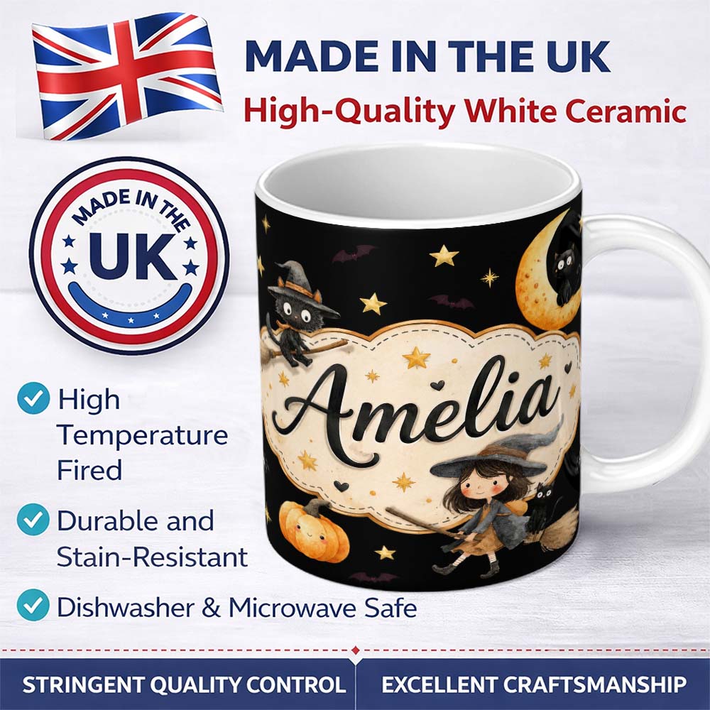 Personalized Custom Name Cute Halloween Witch Cat Moon Stars Pumpkin Seamless Pattern White 11oz Ceramic Coffee Tea Mug White Large Handle