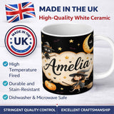 Personalized Custom Name Cute Halloween Witch Cat Moon Stars Pumpkin Seamless Pattern White 11oz Ceramic Coffee Tea Mug White Large Handle