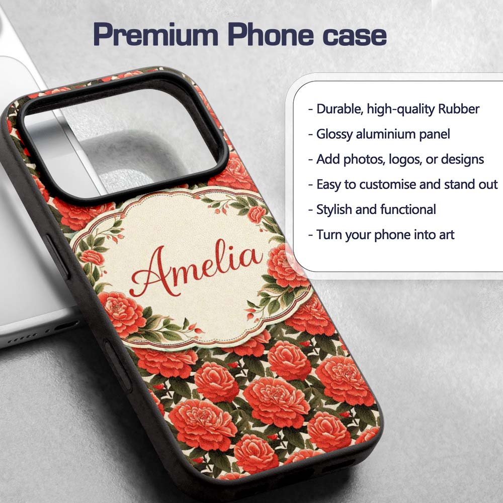 Blush Pink Peony Floral Seamless Printed Design Custom Name Protective Phone Case Mobile Cover Durable Everyday Smartphone Shock Resistant