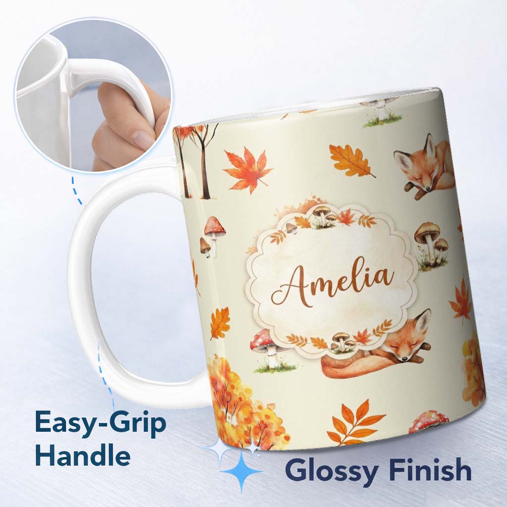Personalized Custom Name Cute Autumn Fox Leaves Mushrooms Forest Seamless Pattern Cream 11oz Ceramic Coffee Tea Mug White Large Handle